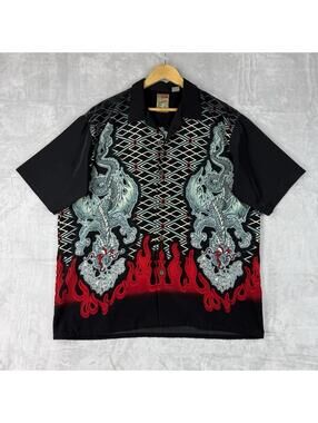 Pineapple Connection Button Up Shirt Mens Hawaiian Dragon Flames Y2K Size XL VTG